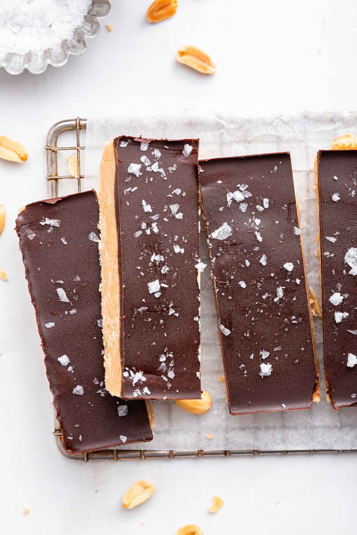 Overhead shot of long chocolate bars with peanut butter filling.