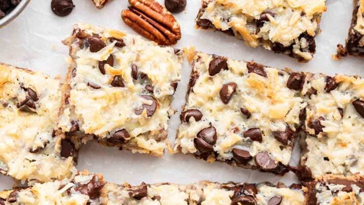 Overhead shot of magic cookie bars sliced in squares.
