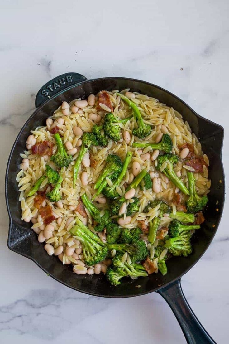 Orzo Pasta with Broccoli Bacon and White Beans - Dinners for Two